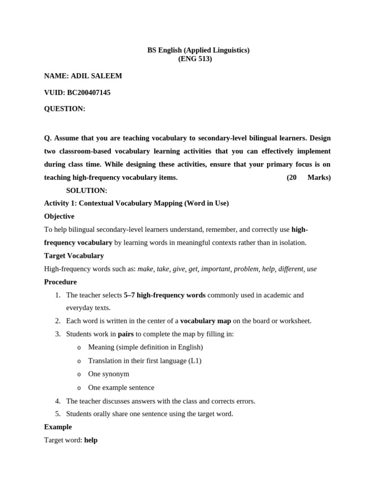 Vocabulary Activities for Bilingual Learners | PDF | Vocabulary ...