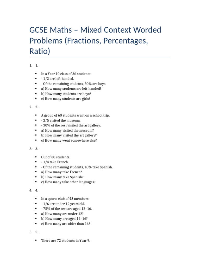 GCSE Maths Word Problems: Fractions & Ratios | PDF