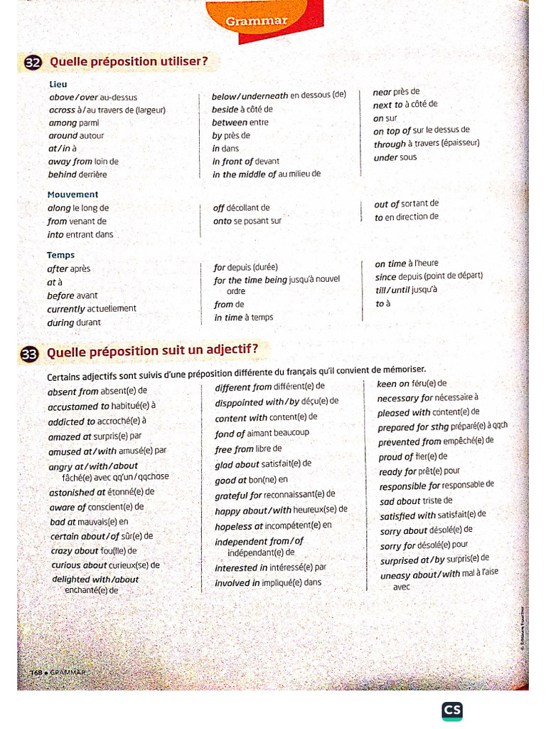 GRAMMAR Prep Lieu_Mvt_Temps ADJ+Prep | PDF