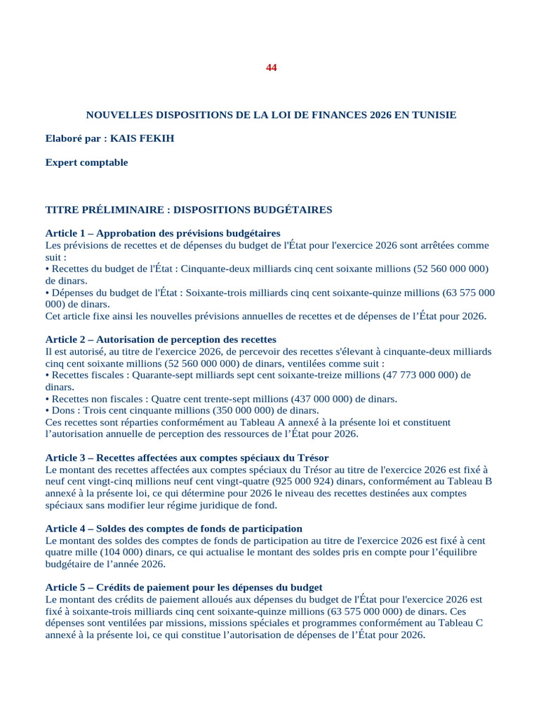 Loi de Finances 2026 en Tunisie : Dispositions clés | PDF | Taxe sur la ...
