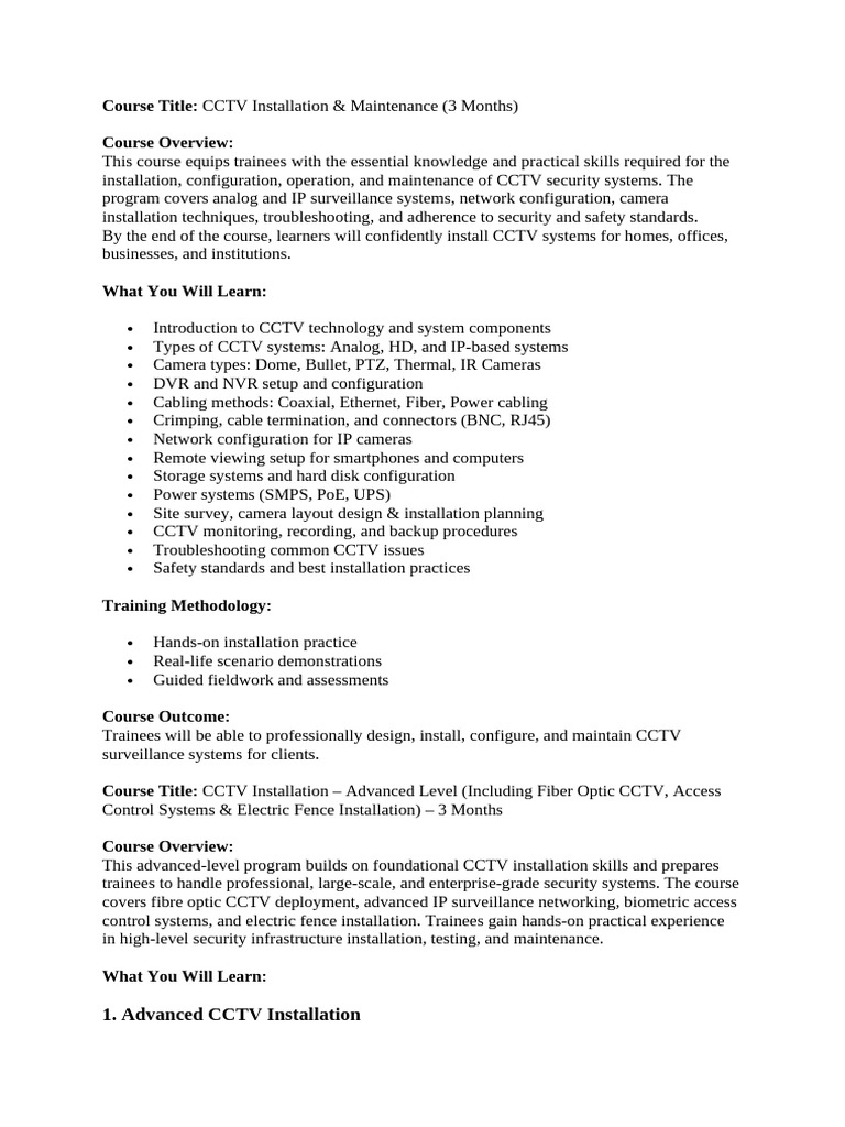 CCTV Installation & Maintenance Course | PDF | Computer Network ...