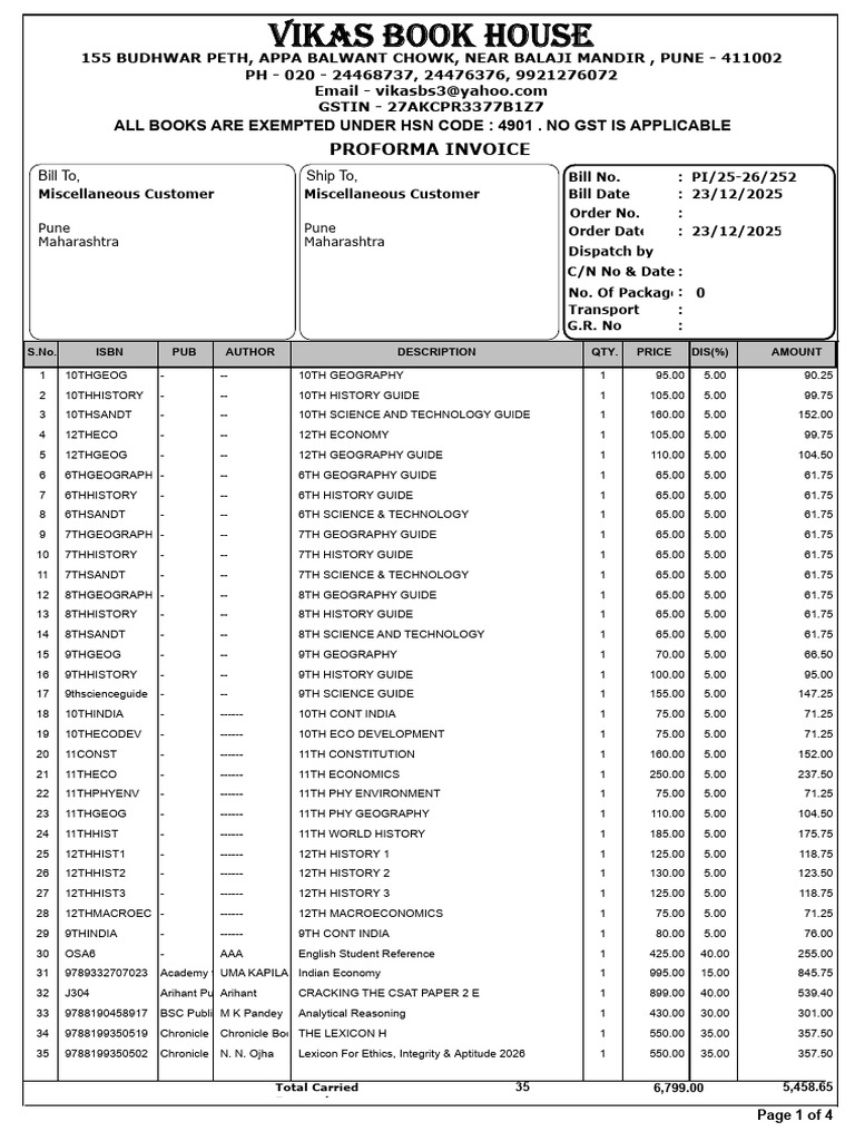 Vikas Book House Proforma Invoice | PDF