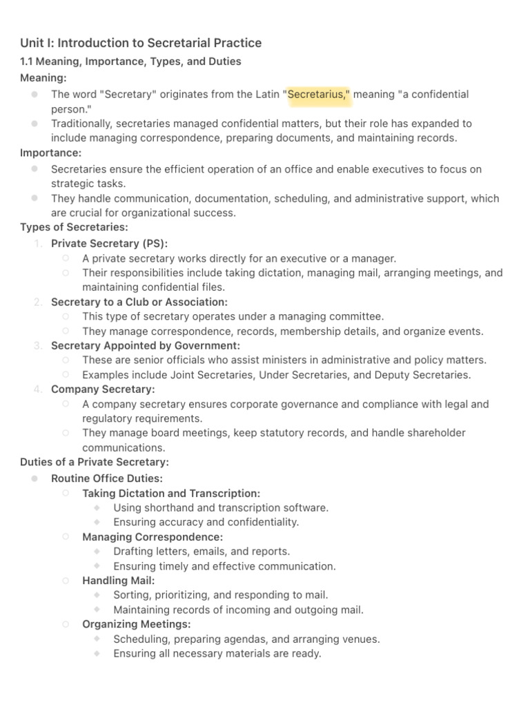Overview of Secretarial Practice Essentials | PDF | Secretary | Stress ...