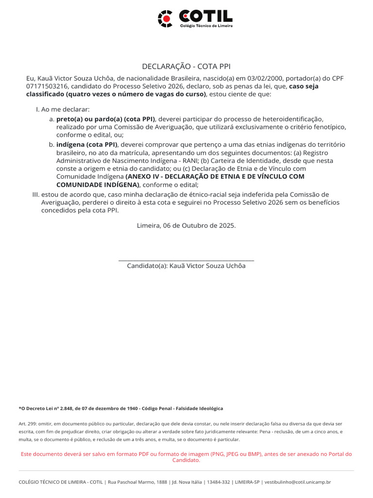 Declaração de Cota PPI para Candidatos | PDF | Justiça | Crime e Violência