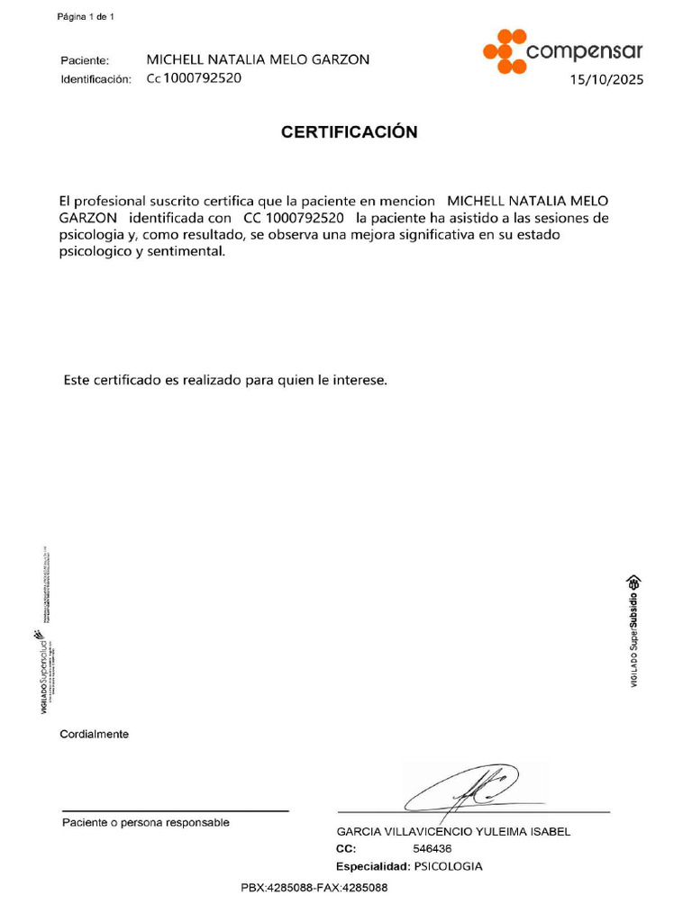 Certificado Medico Eps Compensar Michell Melo | PDF