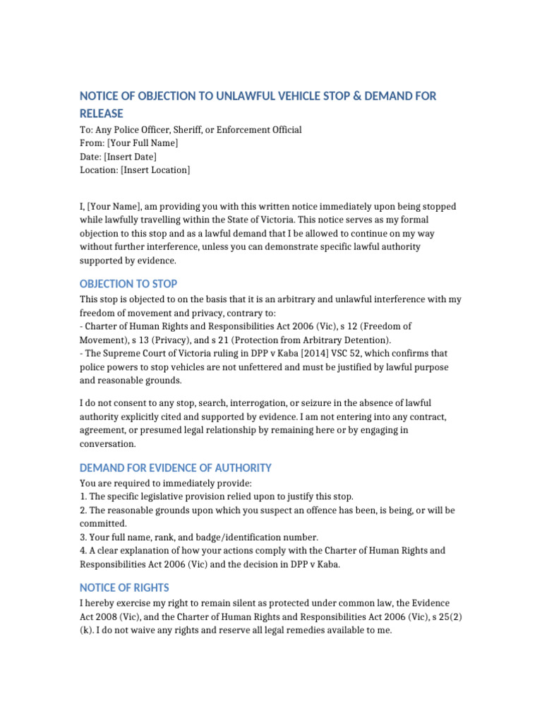 Notice Objection Unlawful Stop VIC | PDF | Right To Silence | Human Rights