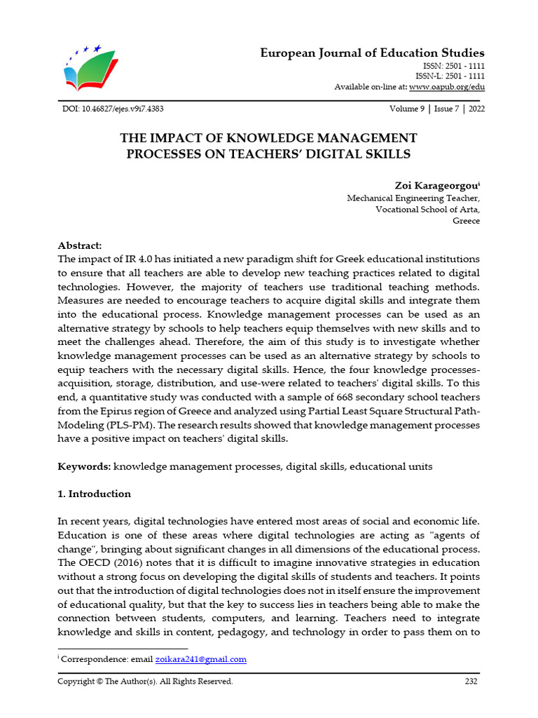 Knowledge Management's Role in Teacher Digital Skills | PDF