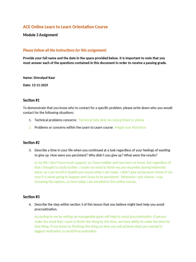 ACE Online Course Orientation Assignment | PDF | Child Care | Anxiety