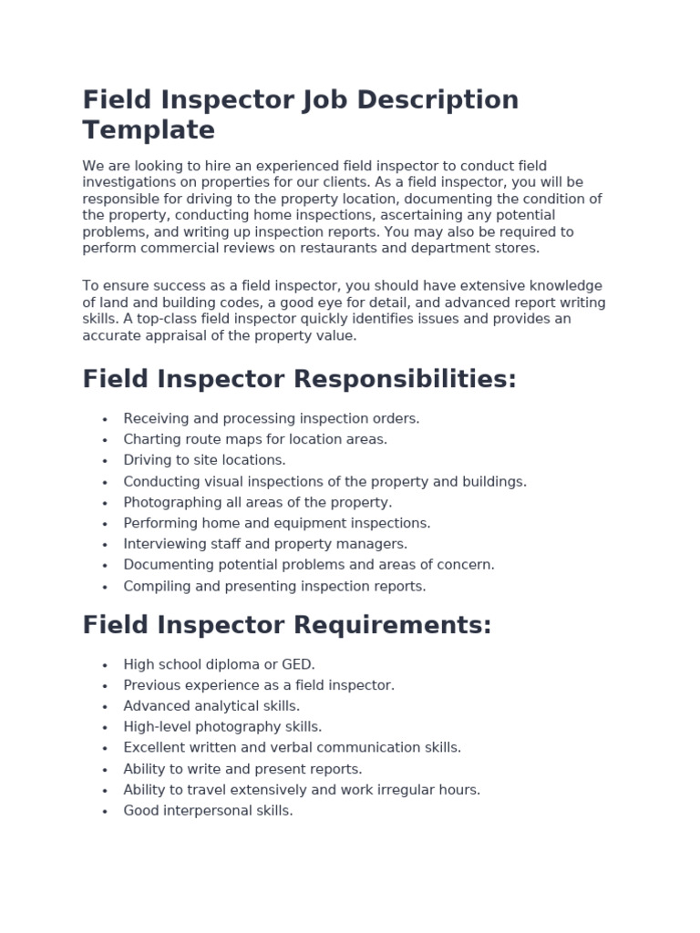 Field Inspector Job Description Template | PDF