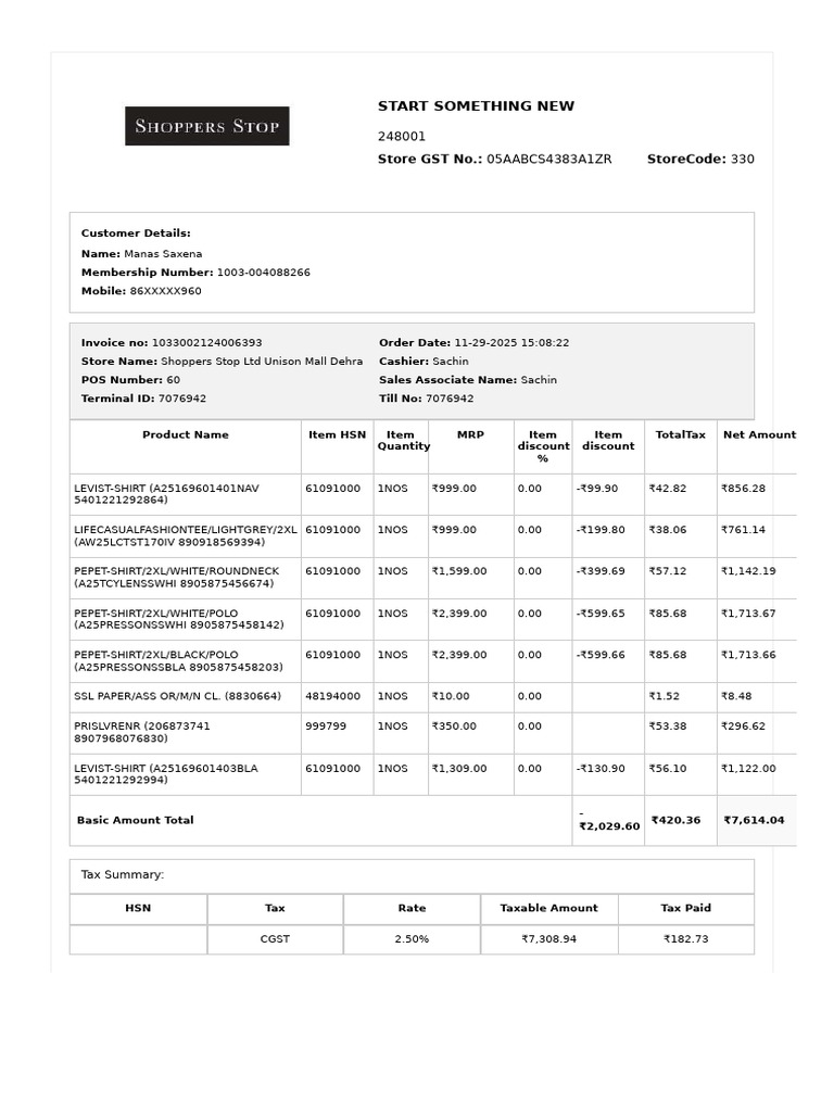 Shoppers Stop Invoice Summary | PDF | Invoice | Payments