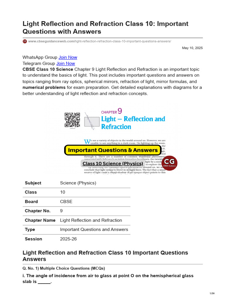 Class 10 Light Reflection & Refraction Q&A | PDF | Mirror | Refraction