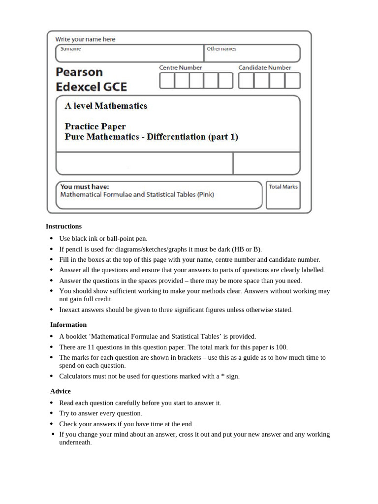 A Level Mathematics - Practice Paper - 71 - Differentiation (Part 1 ...