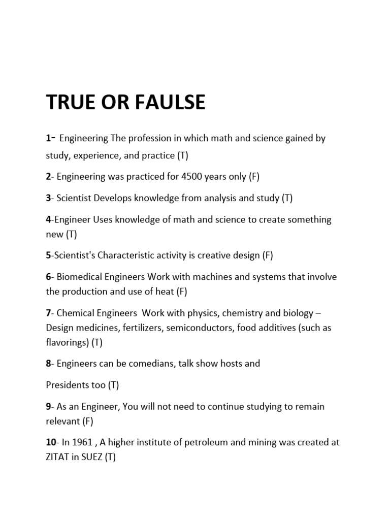 Engineering Knowledge True or False Quiz | PDF | Engineering | Science