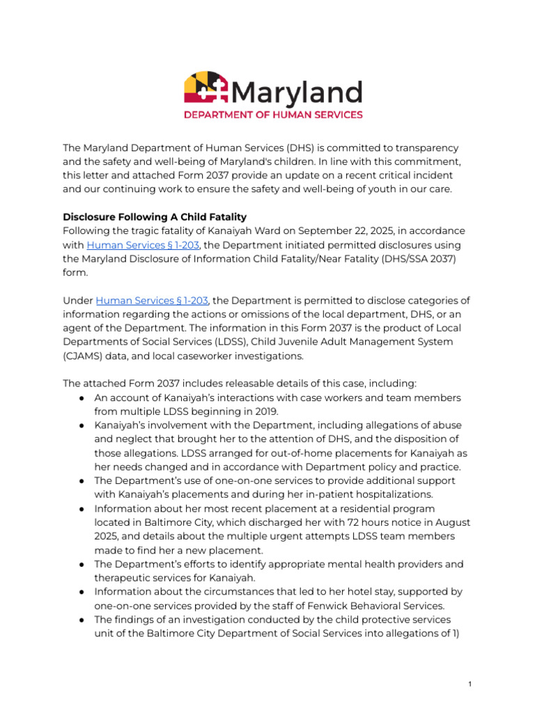 Maryland DHS Child Fatality Disclosure | PDF | Child Protective ...