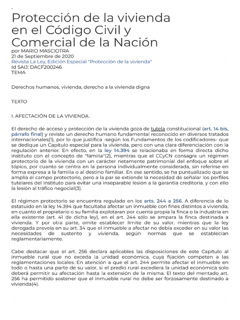 Protección de La Vivienda en El Código Civil y Comercial de La Nación | PDF