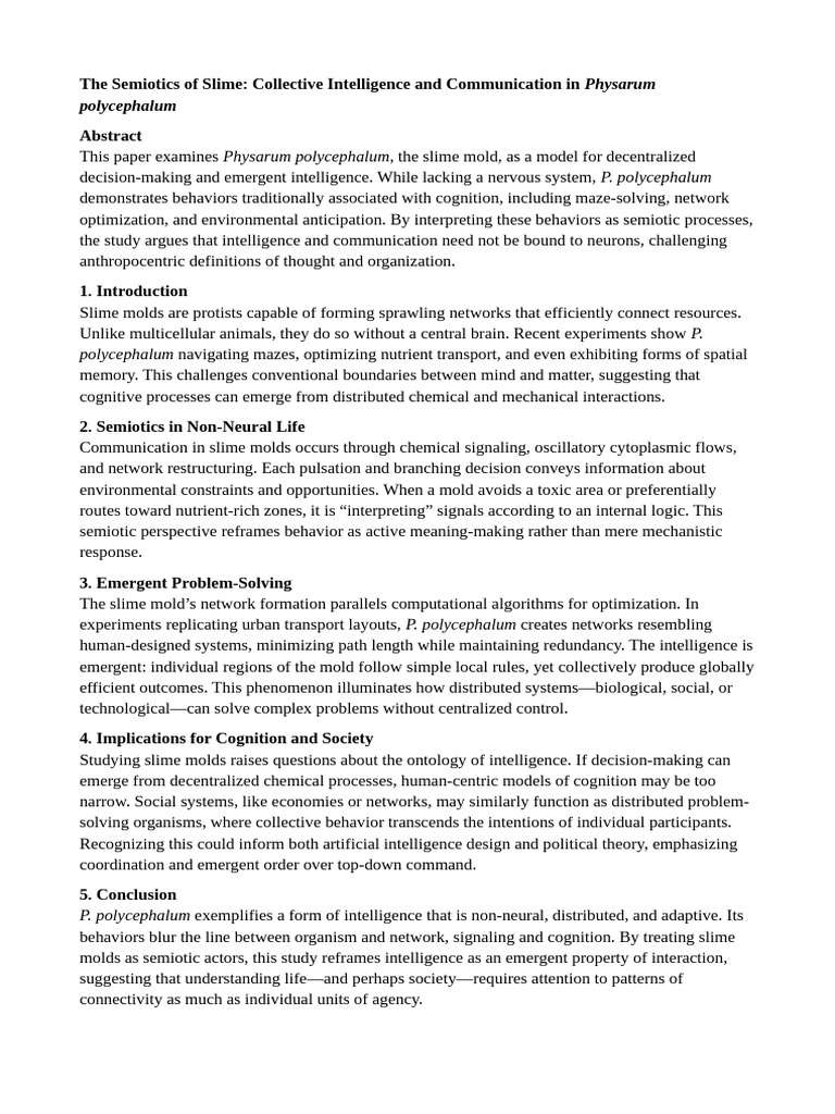 Slime Mold Intelligence and Semiotics | PDF | Intelligence | Communication