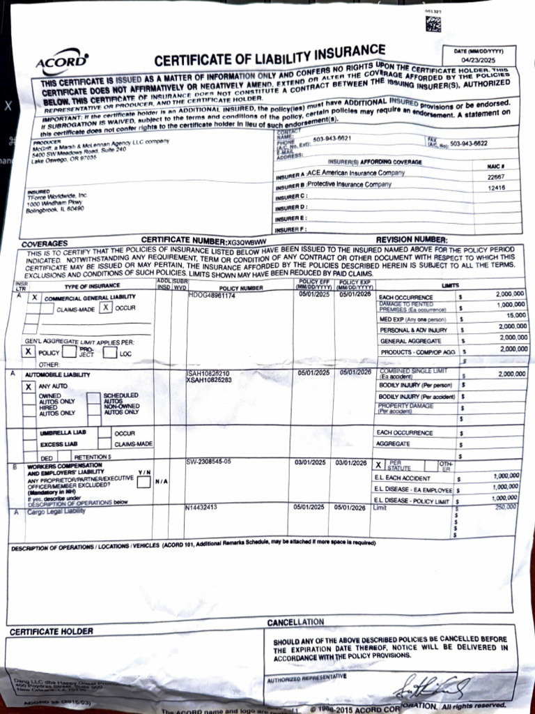 Certificate of Liability Insurance Details | PDF | Financial Services ...