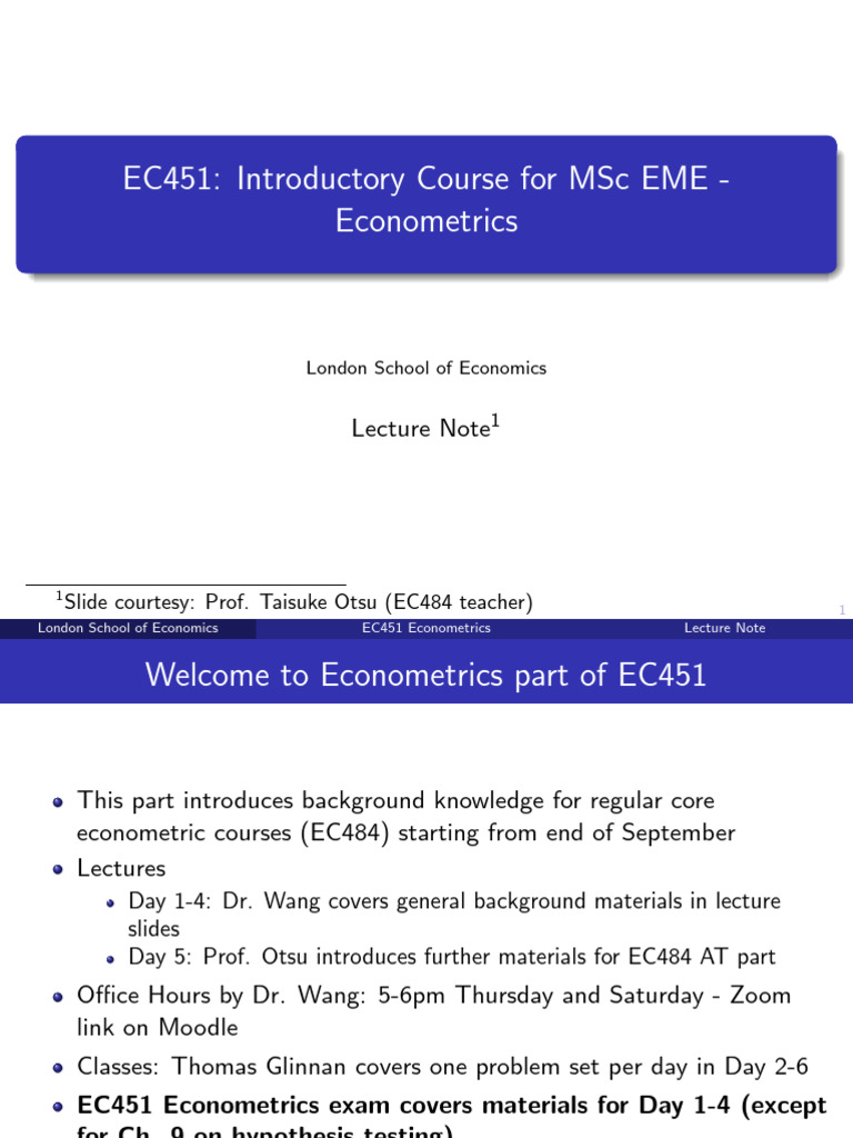 EC451 Econometrics Lecture Notes | PDF | Econometrics | Mathematical ...