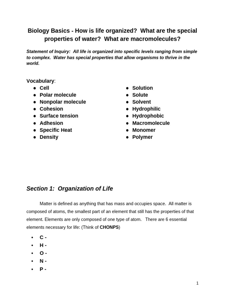 Biology Basics: Life Organization & Water Properties | PDF ...