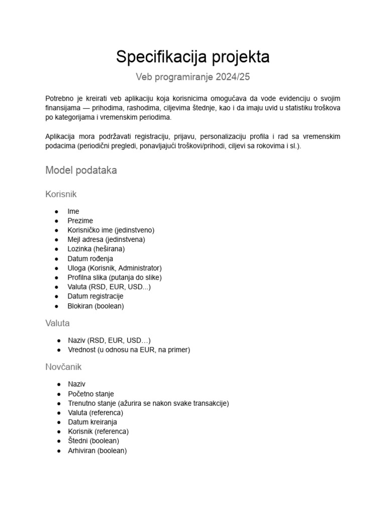 WEB II 2025 Specifikacija Projekta (4) | PDF