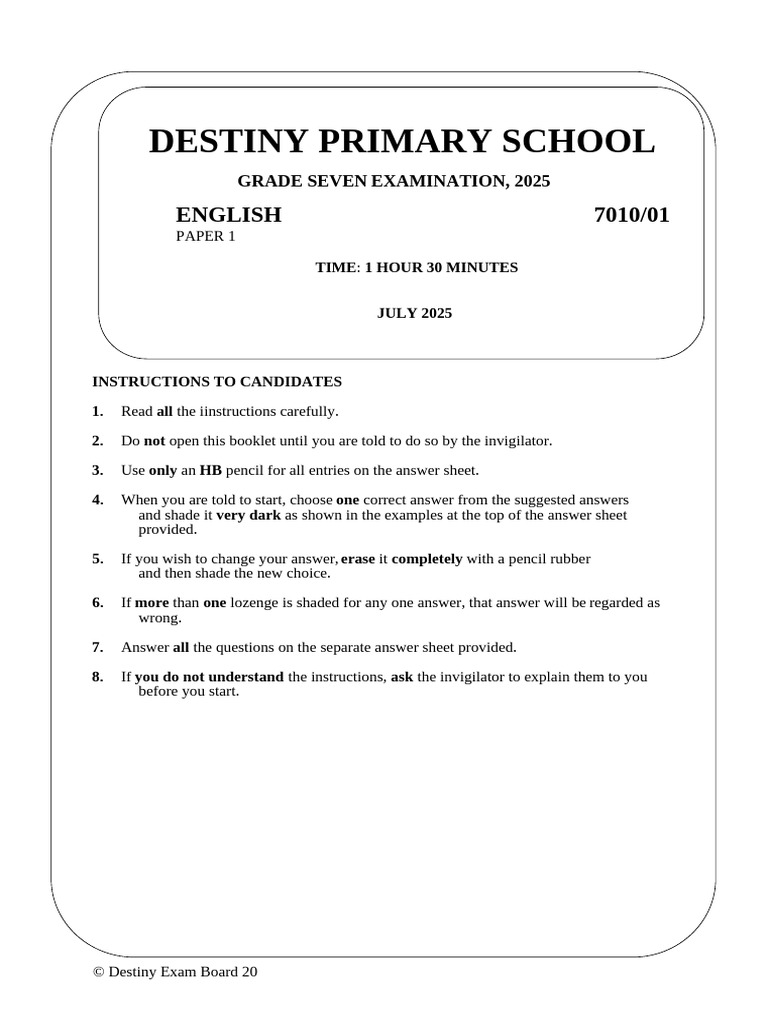Destiny Primary 2025 English Paper 1 | PDF