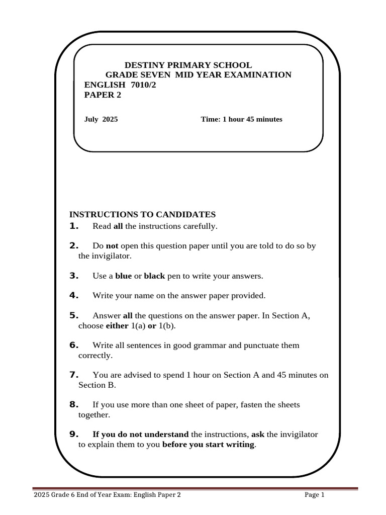 2025 Grade 6 English Exam Paper 2 | PDF