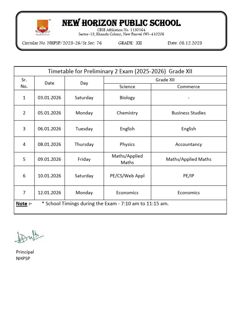 Grade XII Preliminary Exam Timetable 2025 | PDF