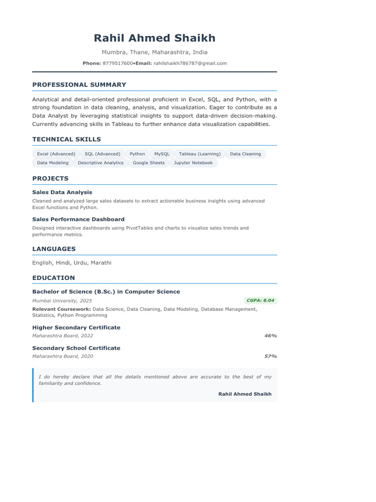Data Analyst Resume of Rahil Shaikh | PDF