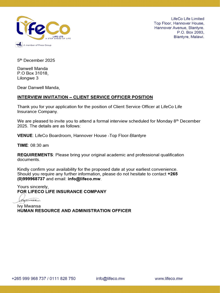 Interview Invitation for Client Service Officer | PDF