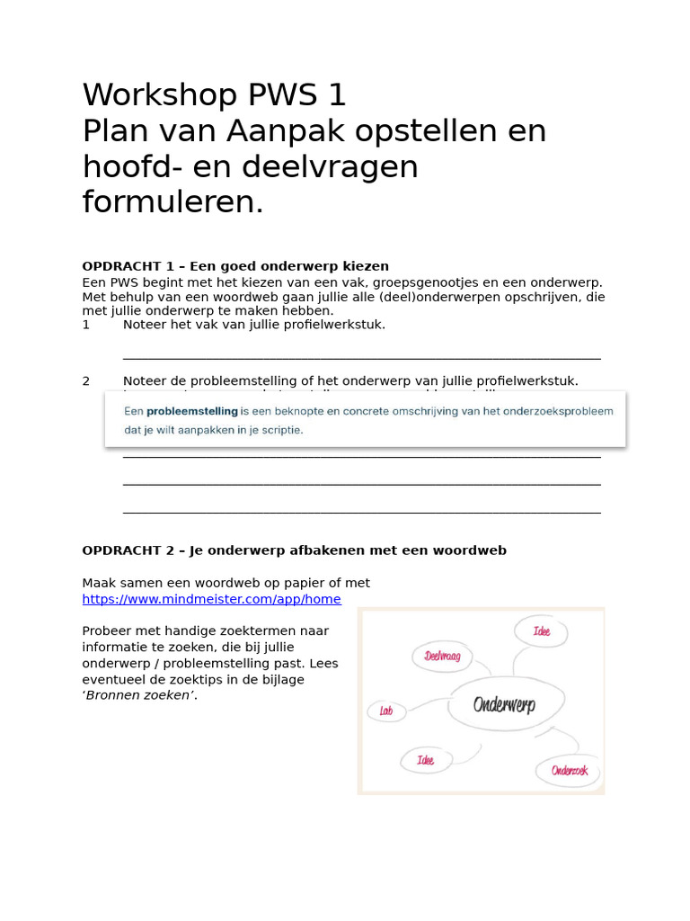 Workshop PWS 1 - Werkblad | PDF