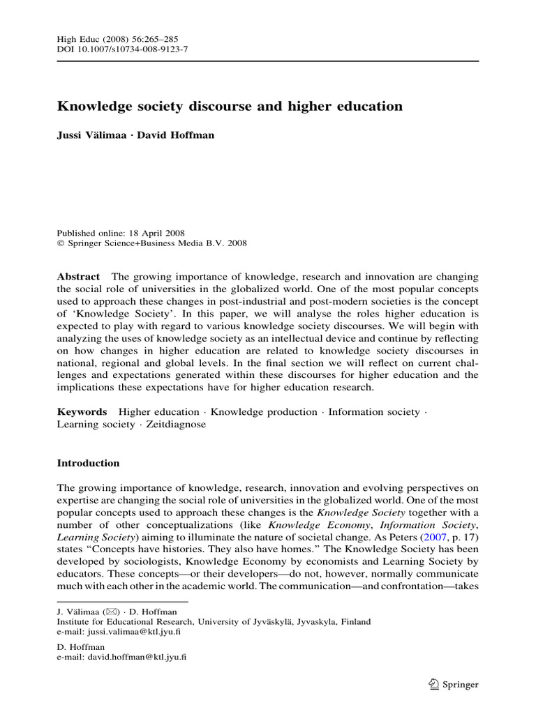 Higher Education in the Knowledge Society | PDF | Knowledge | Society