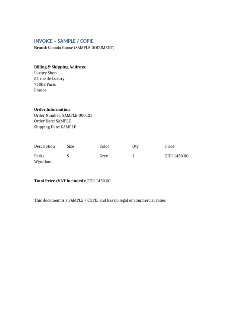 Canada Goose Sample Invoice Document | PDF