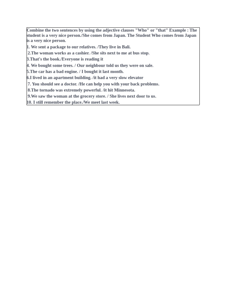 Combining Sentences with Adjective Clauses | PDF