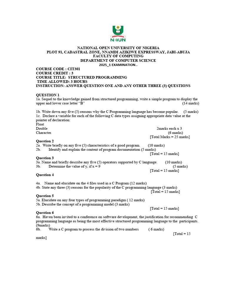 CIT301 Structured Programming Exam Guide | PDF | Computer Programming ...