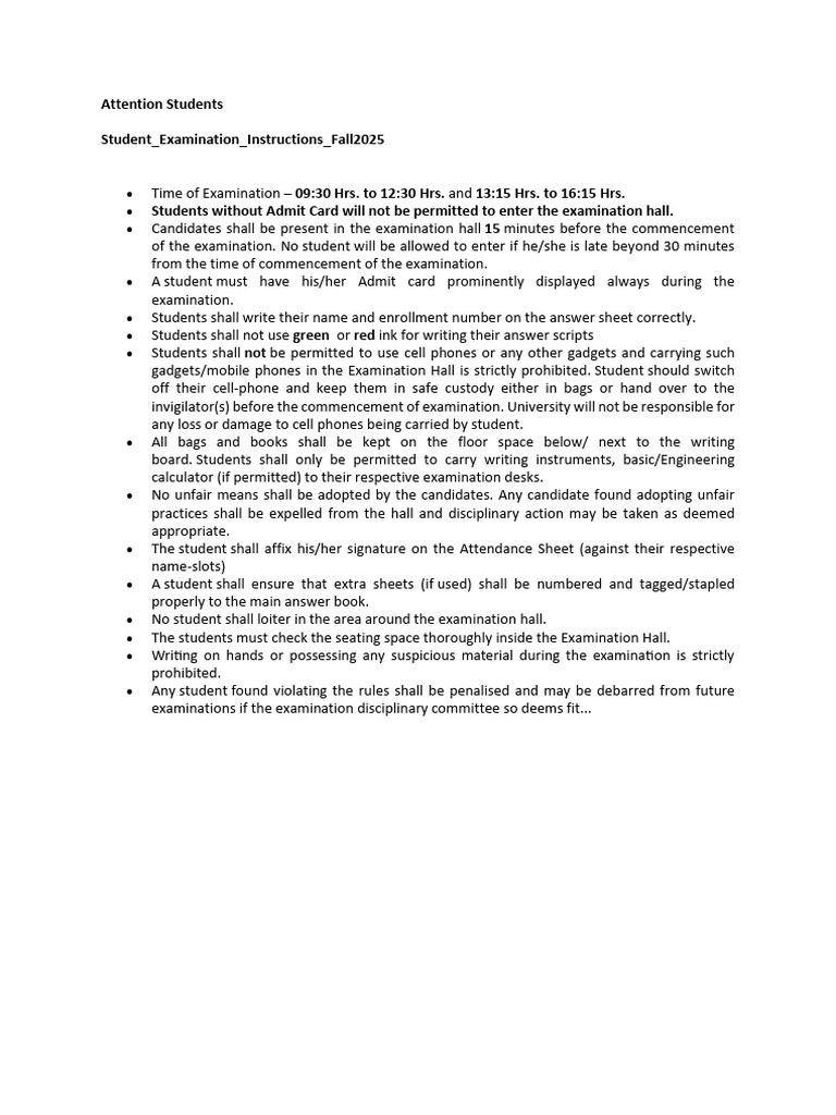 Fall 2025 Student Exam Instructions | PDF