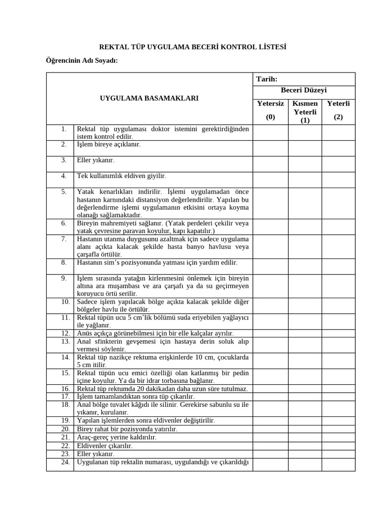 Rektal Tüp Uygulaması Beceri Kontrol Listesi | PDF