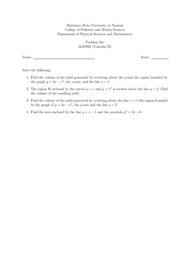 Calculus II Problem Set: Volume & Area | PDF