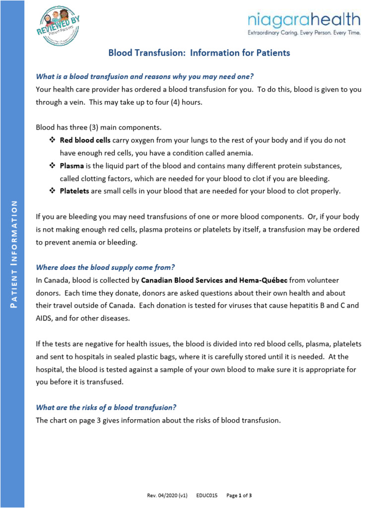 Blood Transfusion Patient Guide | PDF | Blood | Blood Transfusion