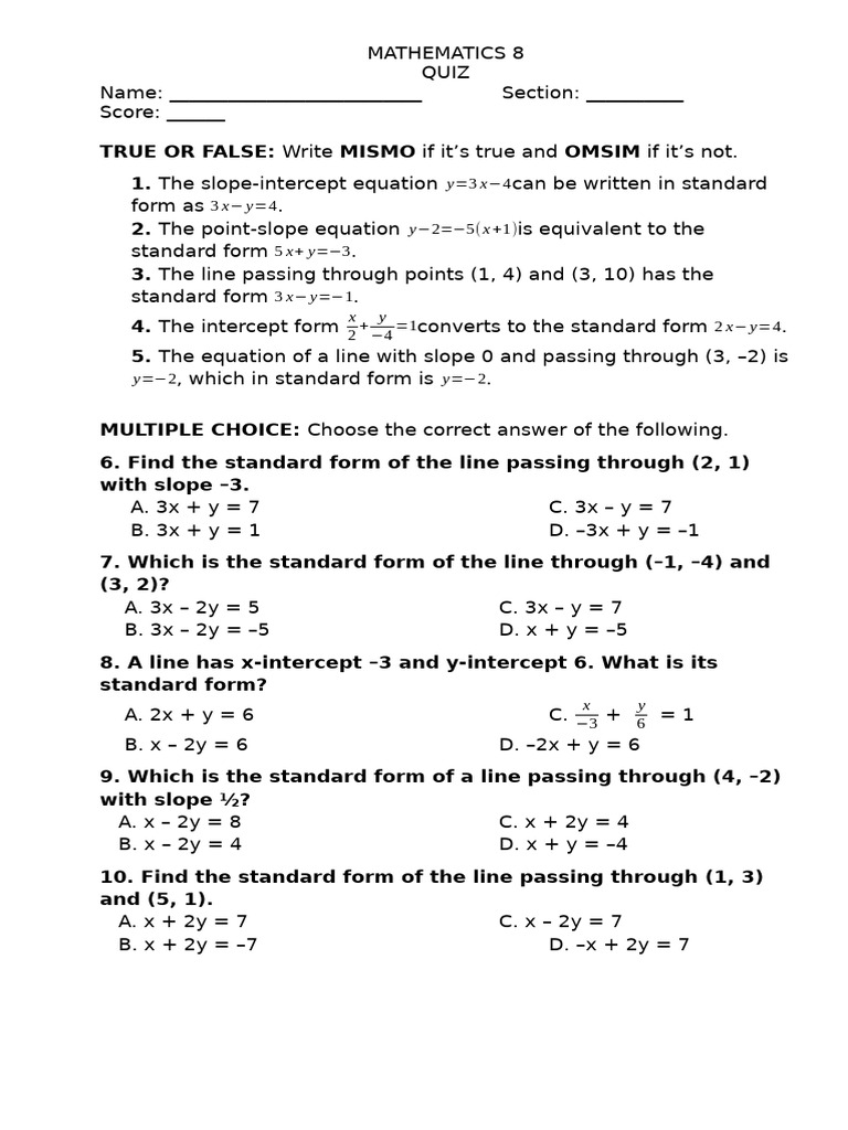 Mathematics 8 Quiz: Line Equations | PDF