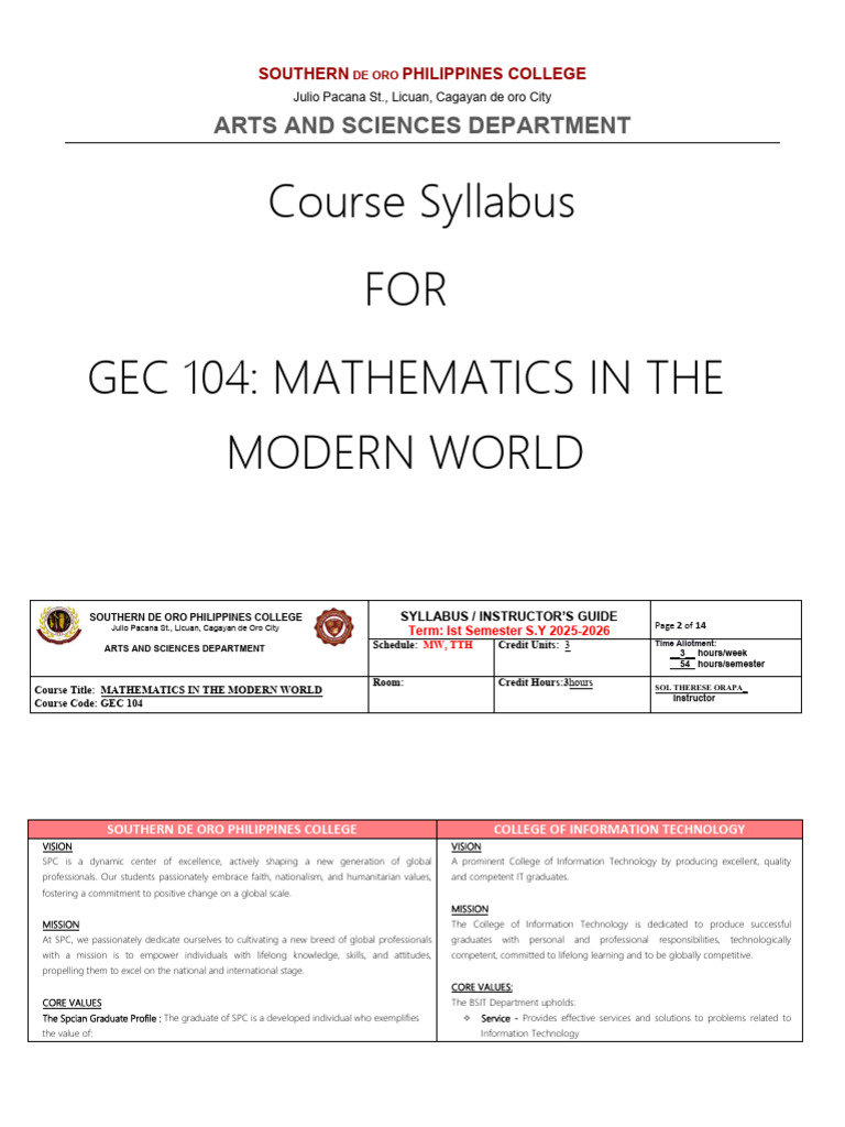GEC 104 Mathematics Syllabus Overview | PDF | Mathematics ...