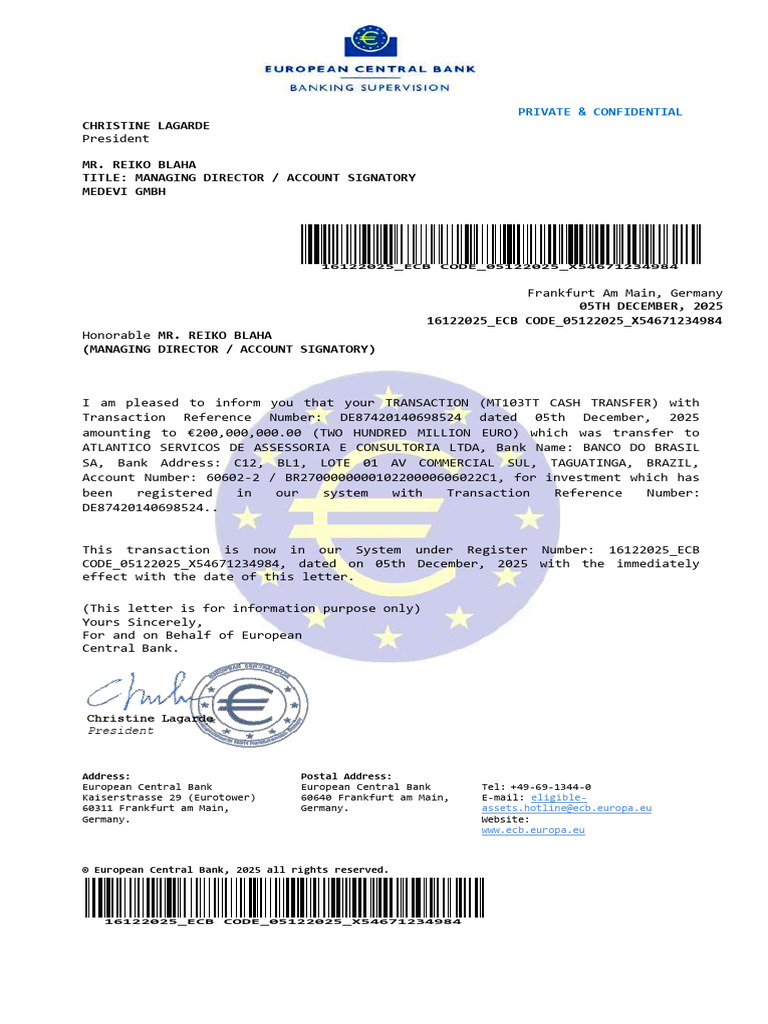 ECB-LETTER-MT103-CASH-TRANS-€200M_251217_081515 | PDF