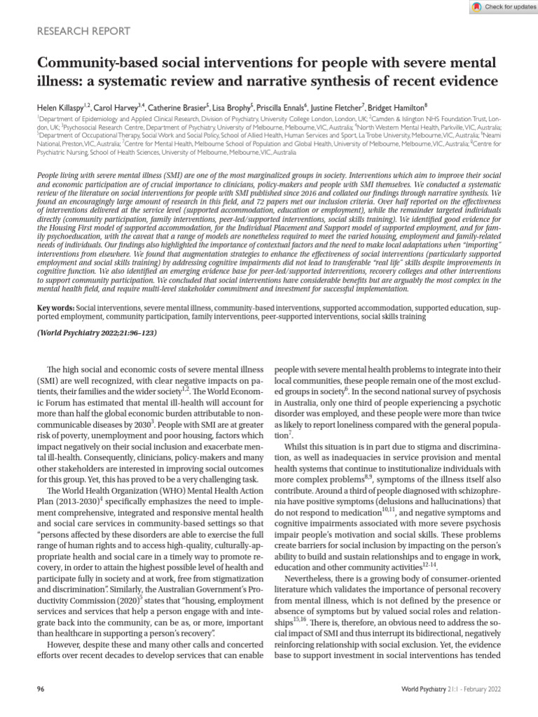 Community-Based Social Interventions For People With Severe Mental ...