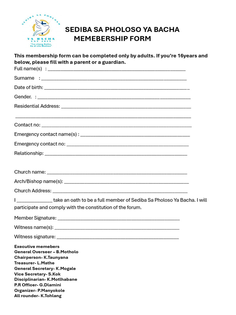 Sediba Sa Pholoso Membership Form | PDF