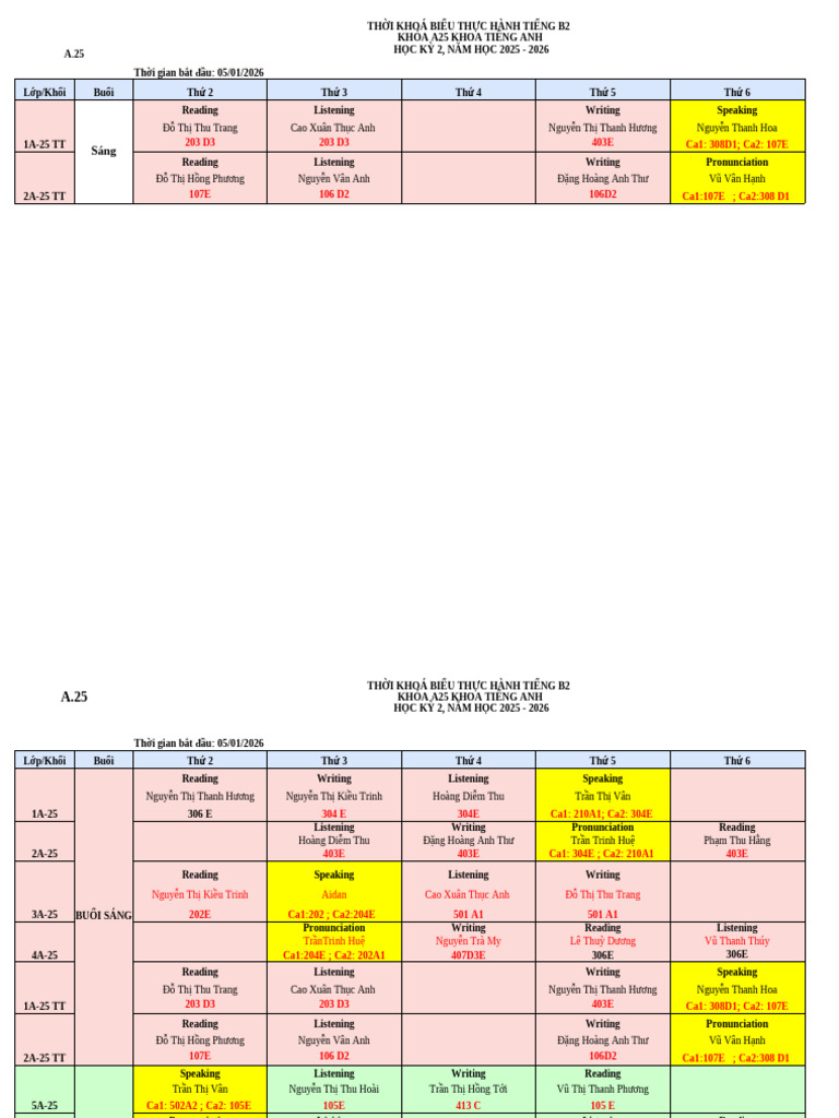 Tkb Tht b2 Khối a25 - Năm Học 2025 - 2026 | PDF