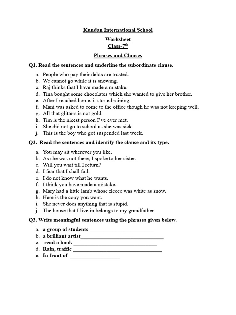 Class 7 Worksheet on Phrases & Clauses | PDF