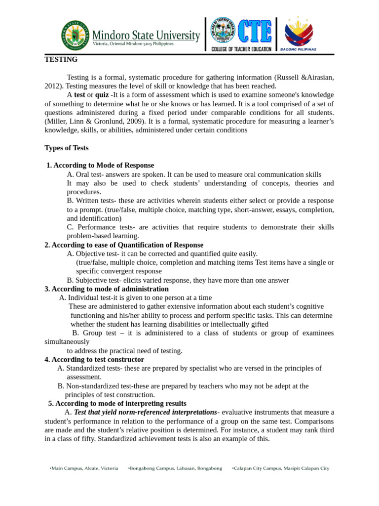 Types and Functions of Testing | PDF | Educational Assessment | Learning