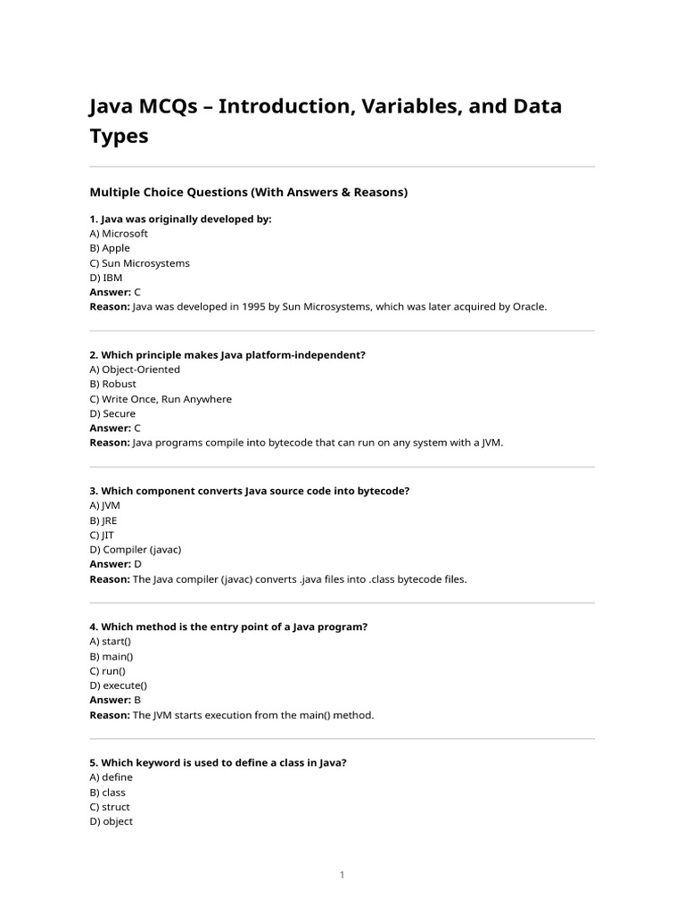Java MCQs on Variables and Data Types | PDF | Integer (Computer Science ...