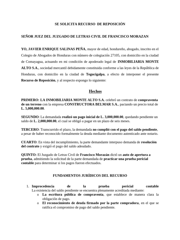 Recurso de Reposición en Caso Civil | PDF | Honduras | Justicia