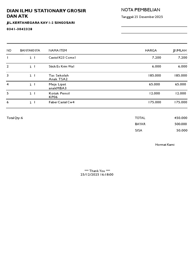 Nota Pembelian ATK Singosari 2025 | PDF