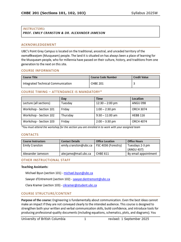 CHBE 201 Technical Communication Syllabus | PDF | Engineering | Science